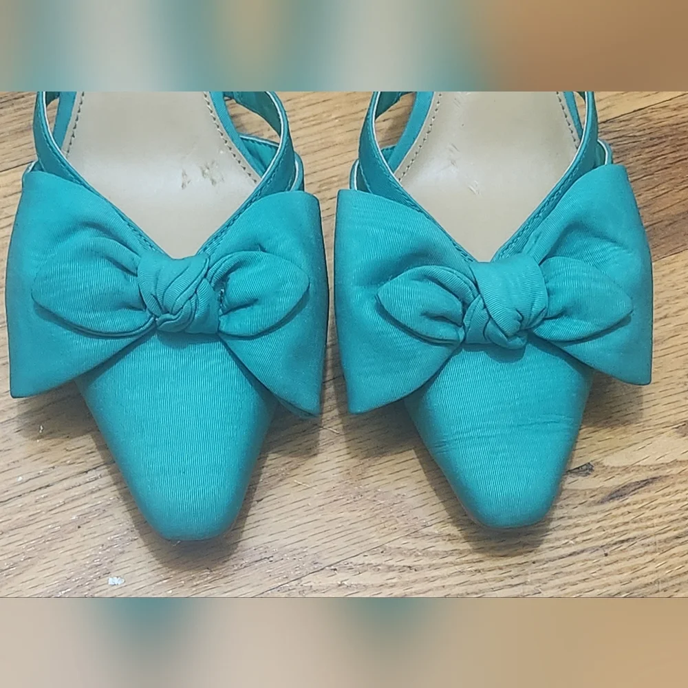 J.Crew Women’s Size 8 Teal Bow Mule Heels Kitten Heel Slip-On Sandals Chic Dress - Picture 5 of 10